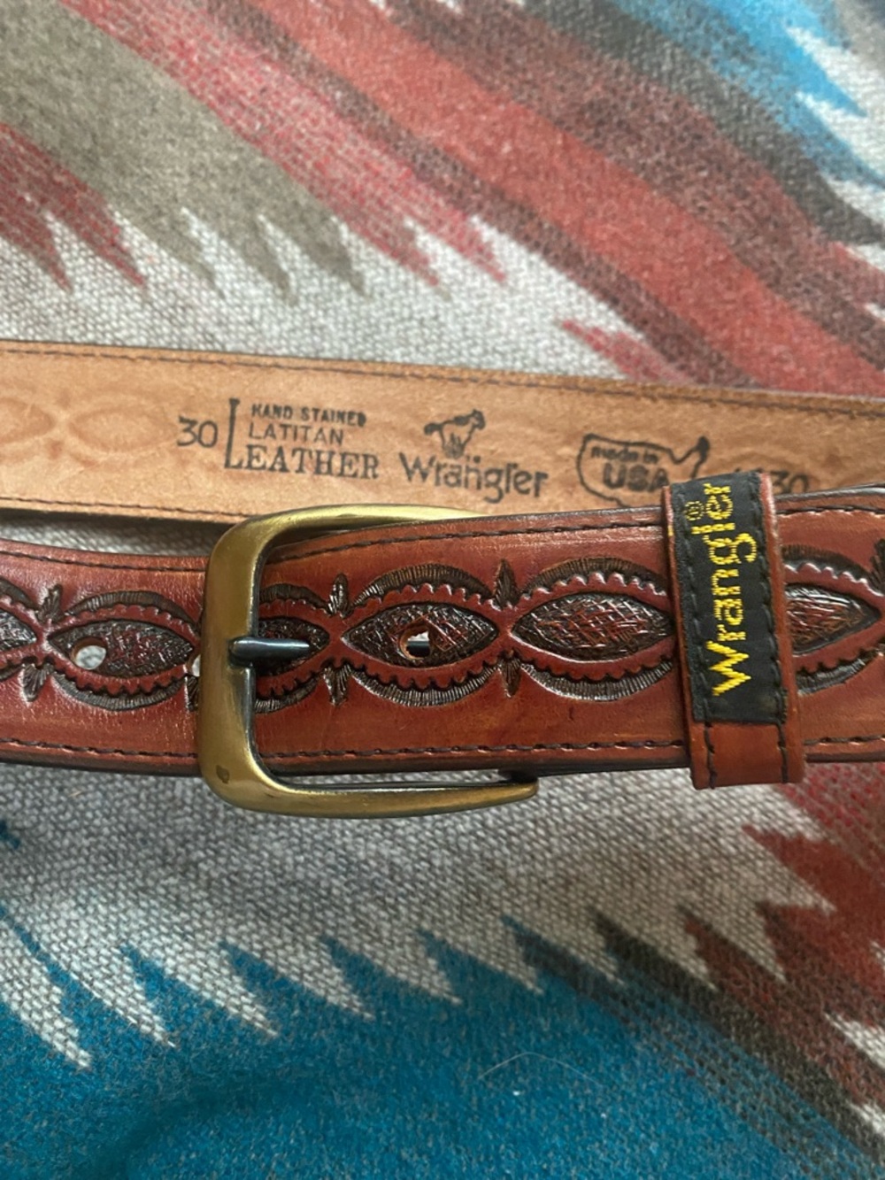 Wrangler Tooled Brown Leather Belt with Brass Buckle